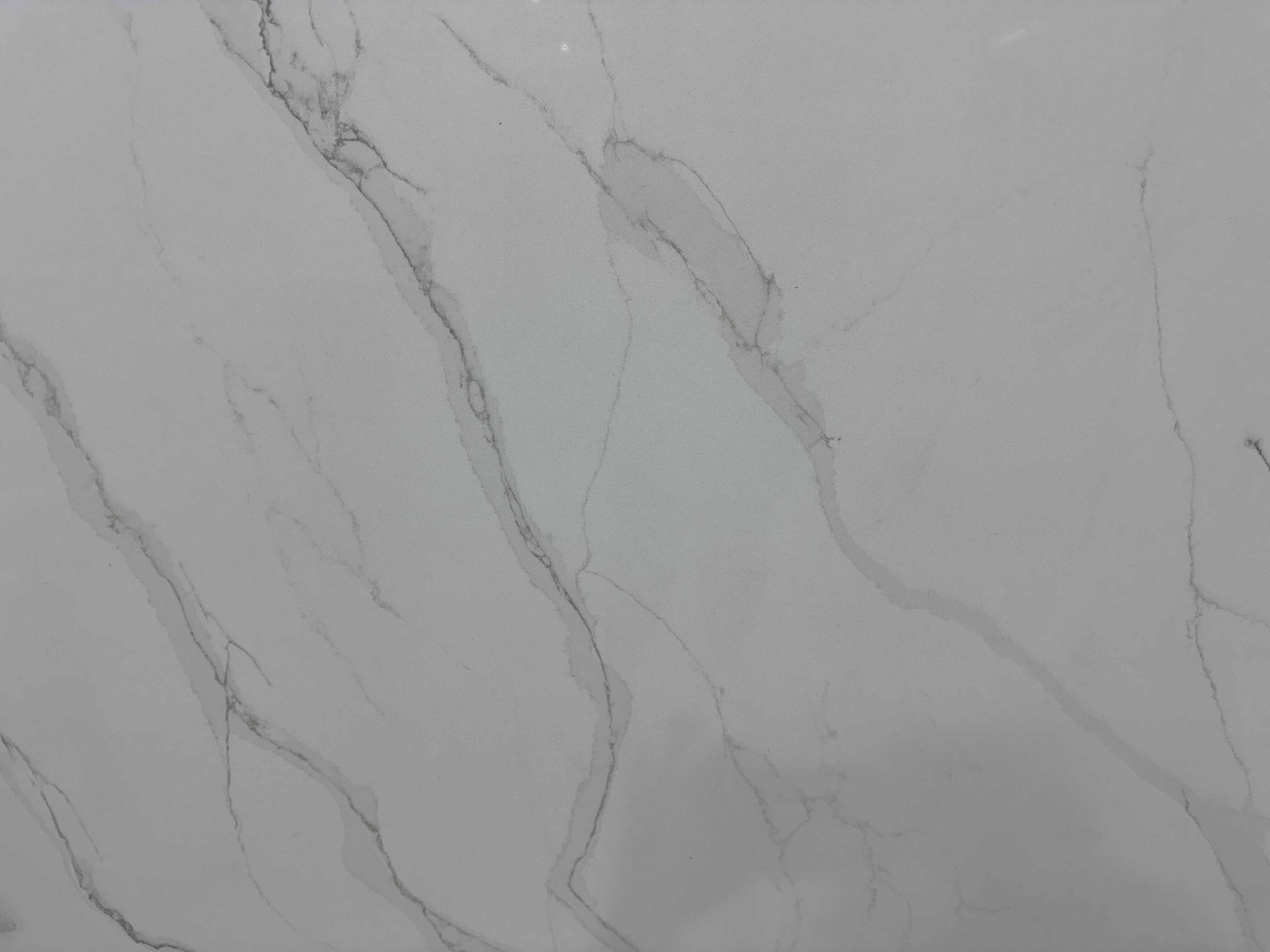 Light gray marble surface with dark, thin veining patterns running diagonally across the stone.