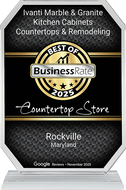 ivanti-marble---granite---kitchen-cabinets--countertops---remodeling-crystal-scaled A crystal award plaque for "Best of Business Rate 2025 Countertop Store" in Rockville, Maryland.